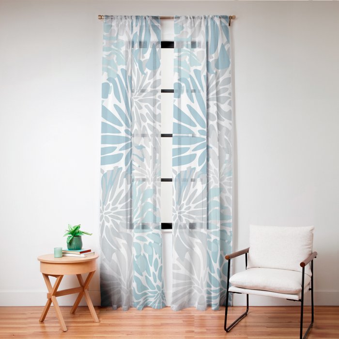 Chic, Flowers Print, Grey, Teal, Turquoise Window Curtain Gallery Image 24