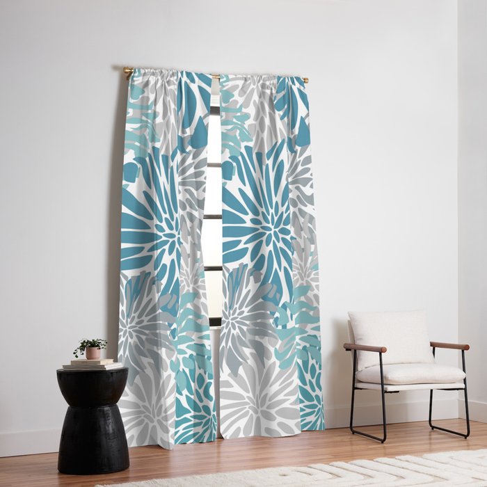 Chic, Flowers Print, Grey, Teal, Turquoise Window Curtain Gallery Image 2