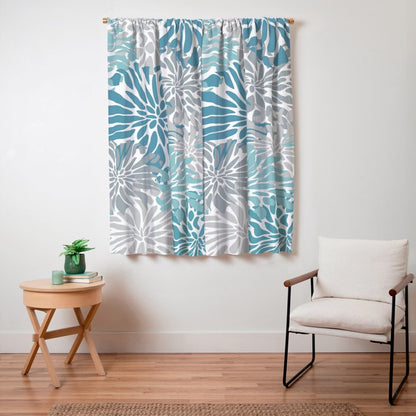 Chic, Flowers Print, Grey, Teal, Turquoise Window Curtain Gallery Image 3