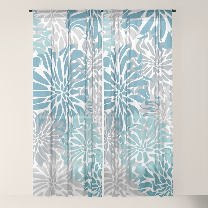 Chic, Flowers Print, Grey, Teal, Turquoise Window Curtain Gallery Image 18