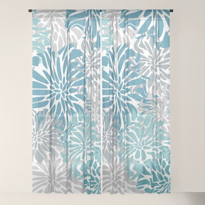 Chic, Flowers Print, Grey, Teal, Turquoise Window Curtain Gallery Image 18
