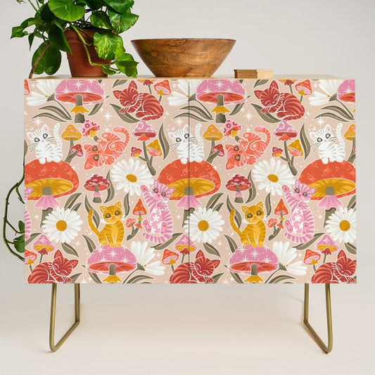 Kittens & Shrooms - Pink & Coral on Cream Credenza Gallery Image 1