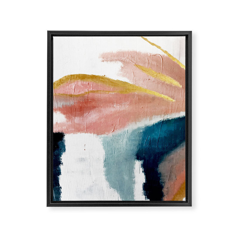 Exhale: a pretty, minimal, acrylic piece in pinks, blues, and gold Framed Canvas Print Gallery Image 5