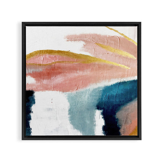 Exhale: a pretty, minimal, acrylic piece in pinks, blues, and gold Framed Canvas Print Gallery Image 2