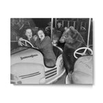 Bear with me; bear riding bumper cars scary women at carnival vintage black and white photograph - photography - photographs wall decor Metal Print Gallery Image 1