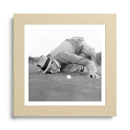 Eye to the ground on the 18th hole; golfing man eyes ball to measure distance to hole vintage black and white portrait photograph - photography - photographs poster Framed Art Print Gallery Image 68