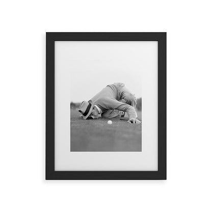 Eye to the ground on the 18th hole; golfing man eyes ball to measure distance to hole vintage black and white portrait photograph - photography - photographs poster Framed Art Print Gallery Image 45