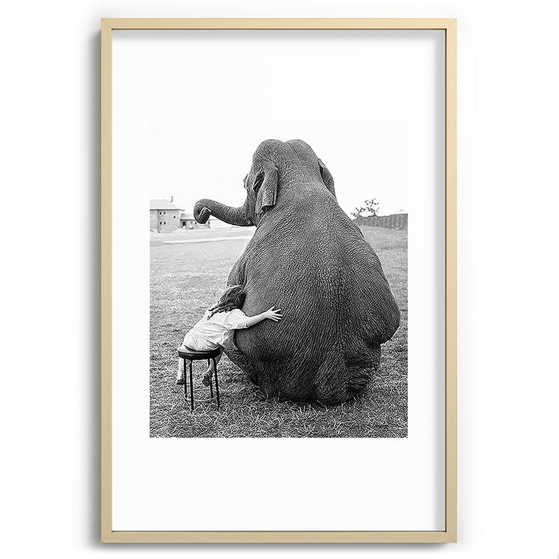 Odd Best Friends, Sweet Little Girl hugging elephant black and white photograph Framed Art Print Gallery Image 102