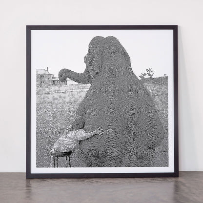 Odd Best Friends, Sweet Little Girl hugging elephant black and white photograph Framed Art Print Gallery Image 55