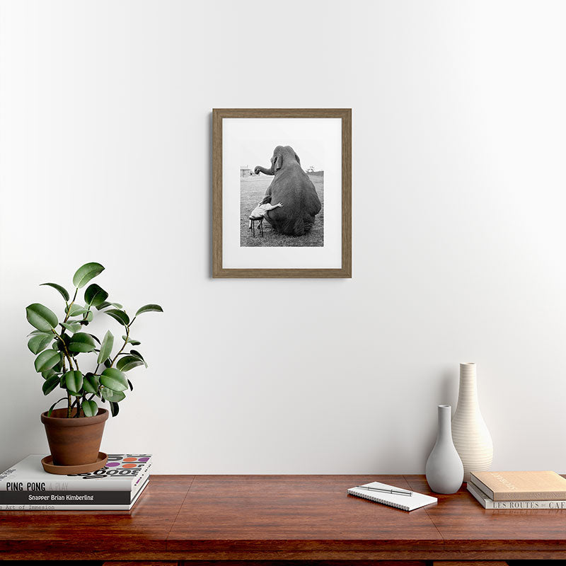 Odd Best Friends, Sweet Little Girl hugging elephant black and white photograph Framed Art Print Gallery Image 53