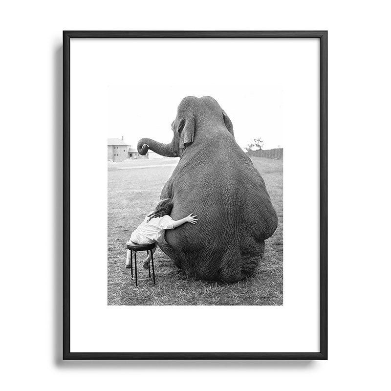 Odd Best Friends, Sweet Little Girl hugging elephant black and white photograph Framed Art Print Gallery Image 111