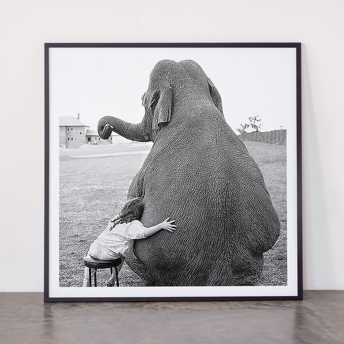 Odd Best Friends, Sweet Little Girl hugging elephant black and white photograph Framed Art Print Gallery Image 11