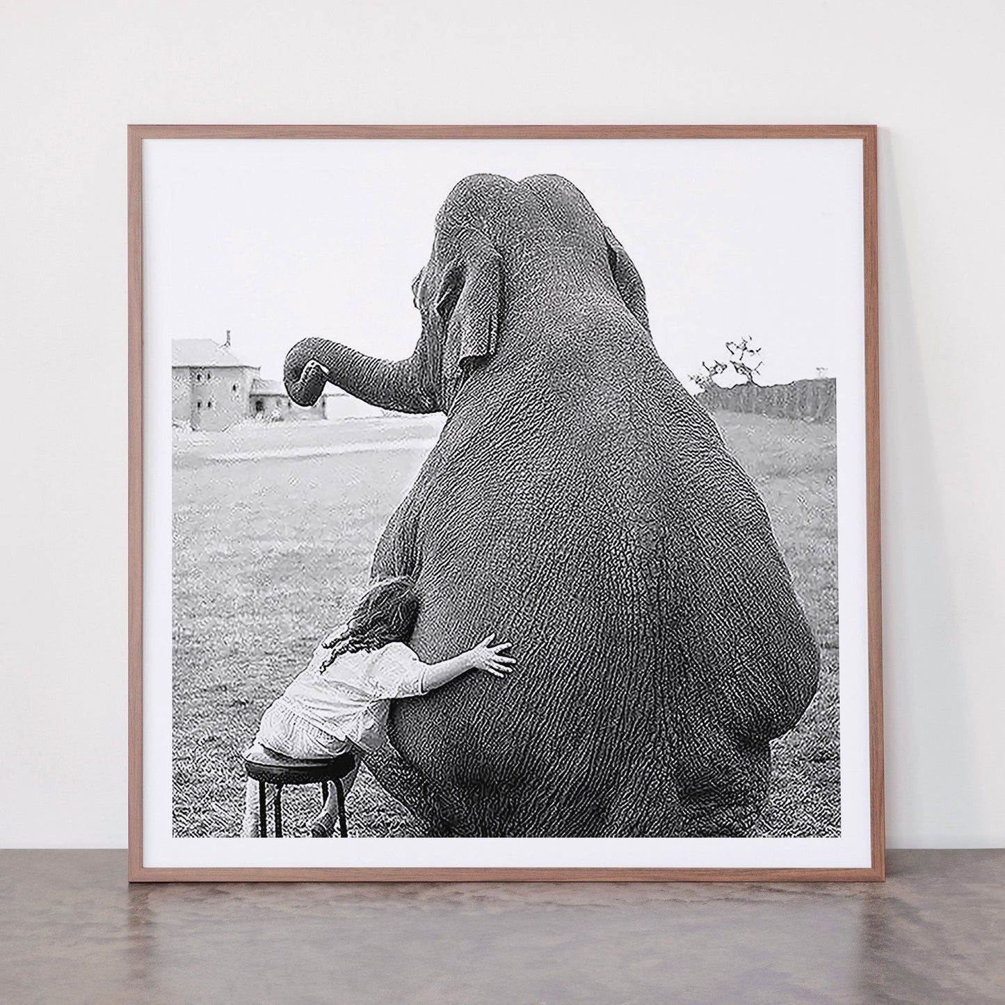 Odd Best Friends, Sweet Little Girl hugging elephant black and white photograph Framed Art Print Gallery Image 21
