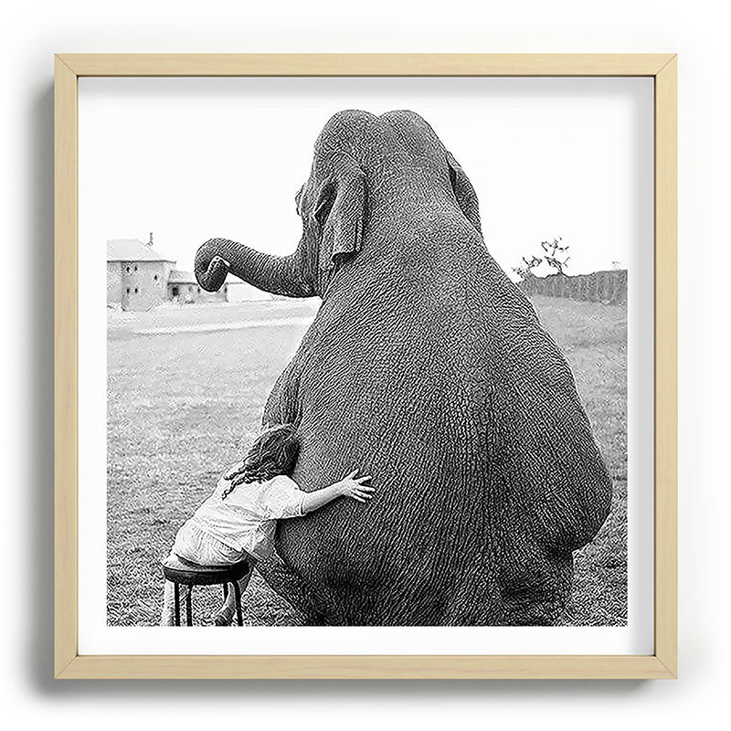 Odd Best Friends, Sweet Little Girl hugging elephant black and white photograph Framed Art Print Gallery Image 109
