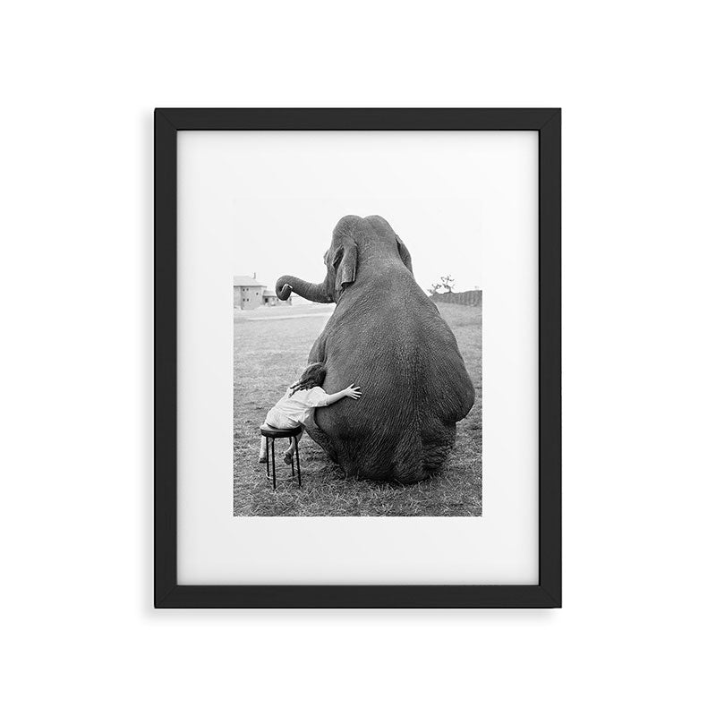Odd Best Friends, Sweet Little Girl hugging elephant black and white photograph Framed Art Print Gallery Image 3