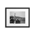 Pro golfer hitting golf ball off vintage car hood ornament on a dare par one 18th hole funny black and white golf sport photograph - photography - photographs Framed Art Print Gallery Image 1