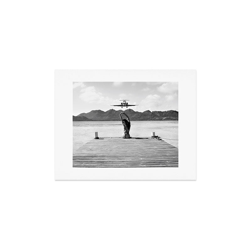 Steady as she goes girl in bikini on a dock with plane landing black and white photograph Art Print Gallery Image 3