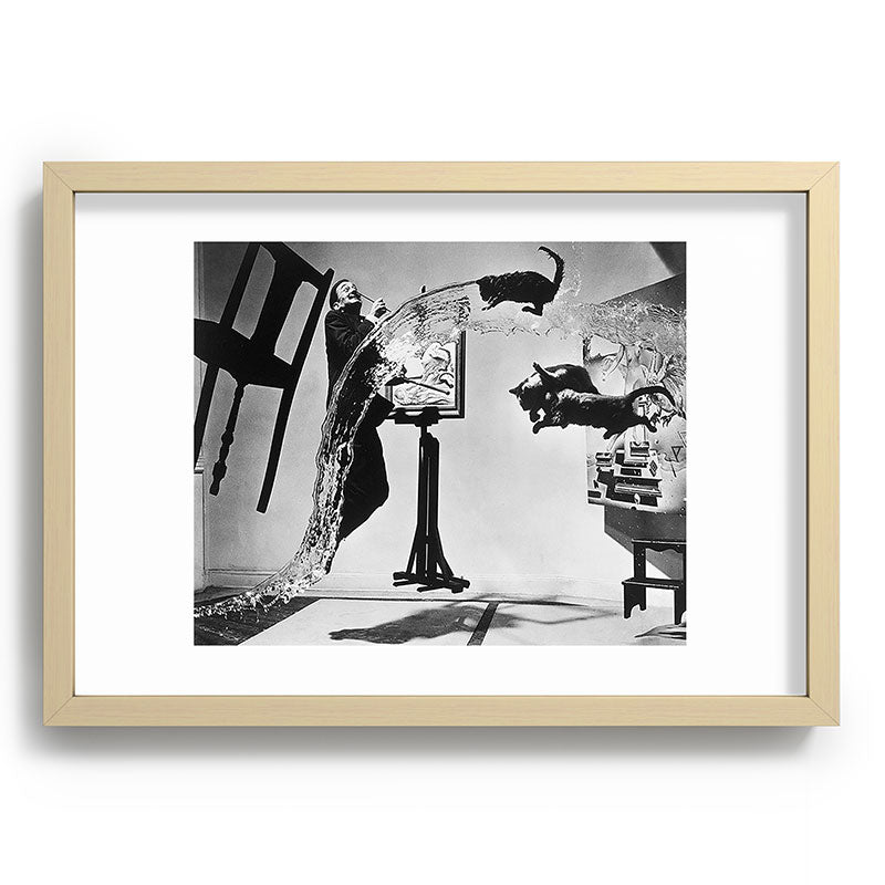Dalí Atomicus, Salvador Dali painting with flying cats and water spurts surrealism / surrealist black and white photograph / photography by Philippe Halsman Framed Art Print Gallery Image 97