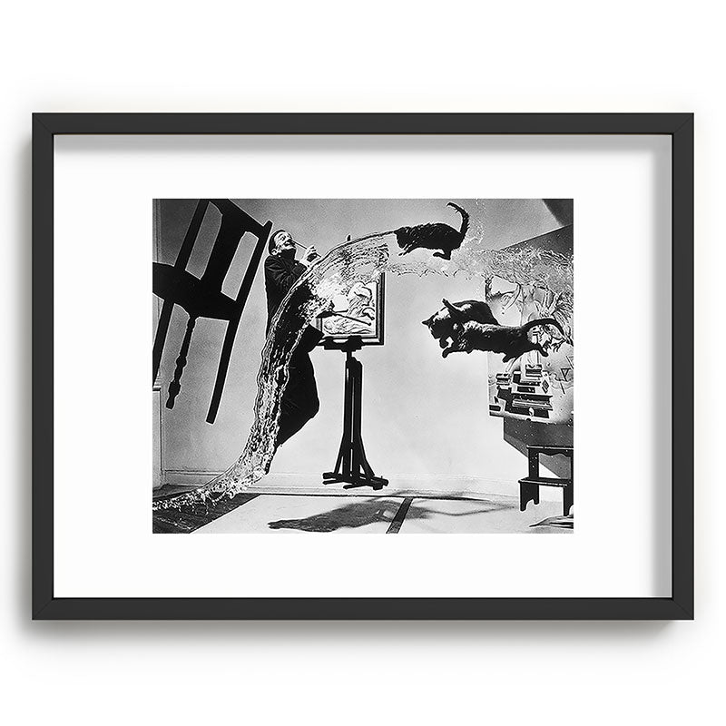 Dalí Atomicus, Salvador Dali painting with flying cats and water spurts surrealism / surrealist black and white photograph / photography by Philippe Halsman Framed Art Print Gallery Image 83