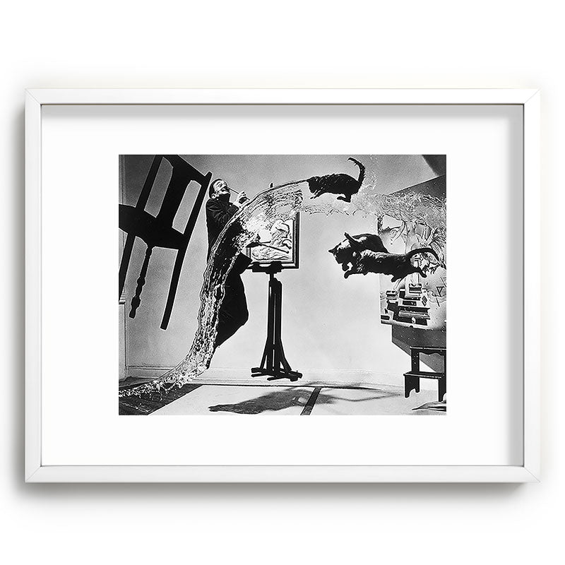 Dalí Atomicus, Salvador Dali painting with flying cats and water spurts surrealism / surrealist black and white photograph / photography by Philippe Halsman Framed Art Print Gallery Image 108