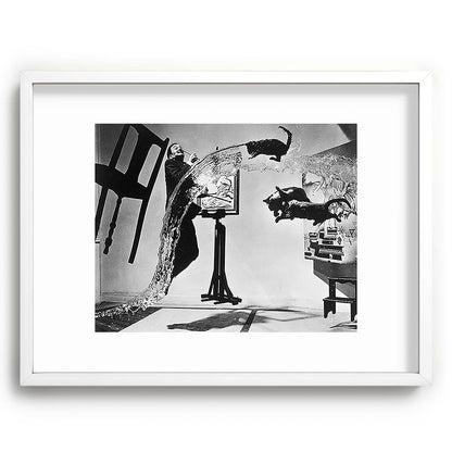 Dalí Atomicus, Salvador Dali painting with flying cats and water spurts surrealism / surrealist black and white photograph / photography by Philippe Halsman Framed Art Print Gallery Image 108