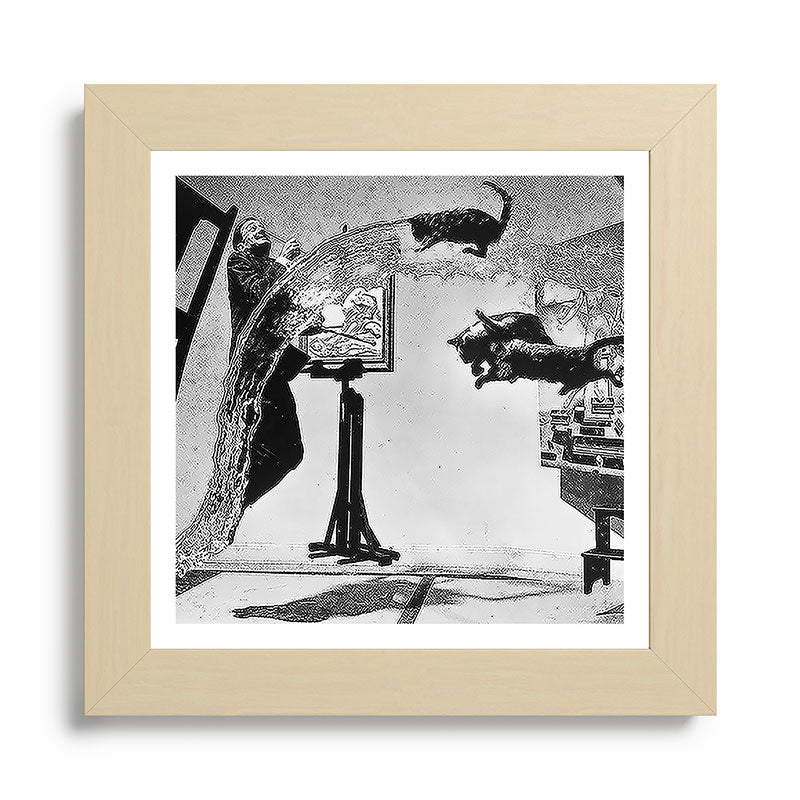 Dalí Atomicus, Salvador Dali painting with flying cats and water spurts surrealism / surrealist black and white photograph / photography by Philippe Halsman Framed Art Print Gallery Image 68