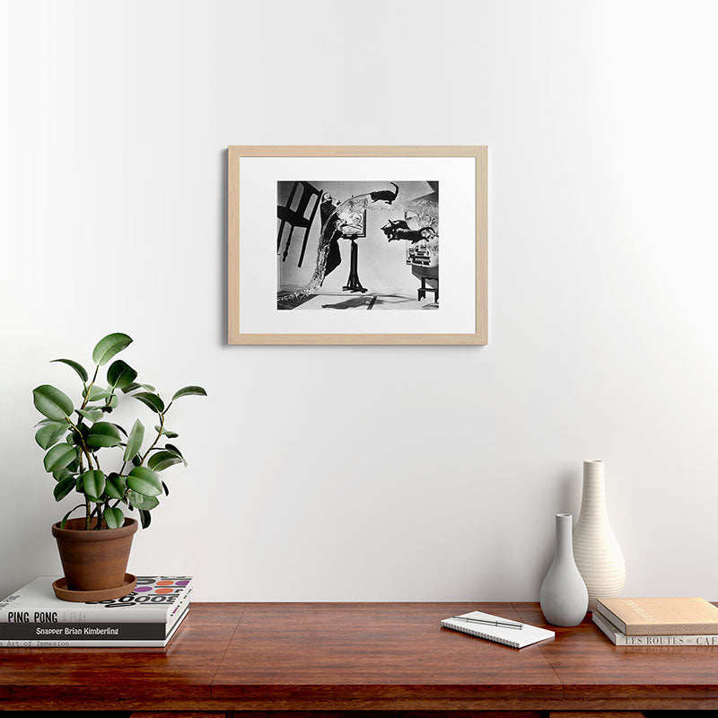 Dalí Atomicus, Salvador Dali painting with flying cats and water spurts surrealism / surrealist black and white photograph / photography by Philippe Halsman Framed Art Print Gallery Image 64