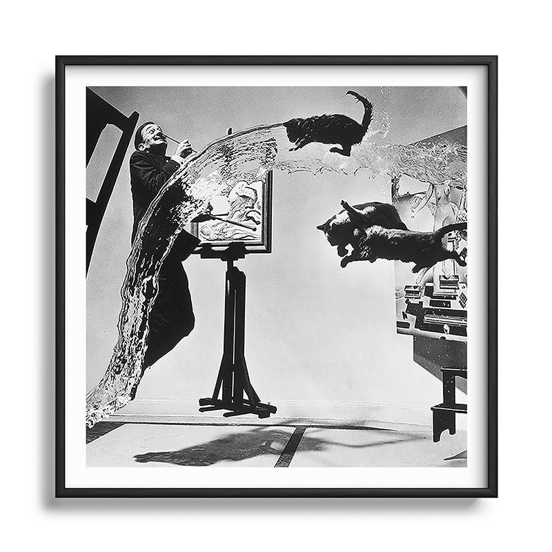 Dalí Atomicus, Salvador Dali painting with flying cats and water spurts surrealism / surrealist black and white photograph / photography by Philippe Halsman Framed Art Print Gallery Image 122