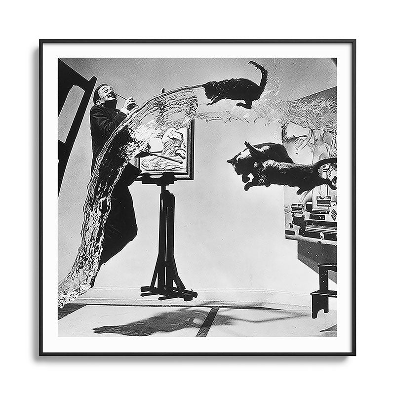 Dalí Atomicus, Salvador Dali painting with flying cats and water spurts surrealism / surrealist black and white photograph / photography by Philippe Halsman Framed Art Print Gallery Image 126