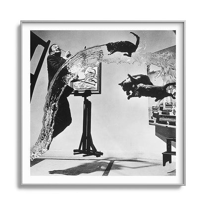 Dalí Atomicus, Salvador Dali painting with flying cats and water spurts surrealism / surrealist black and white photograph / photography by Philippe Halsman Framed Art Print Gallery Image 141