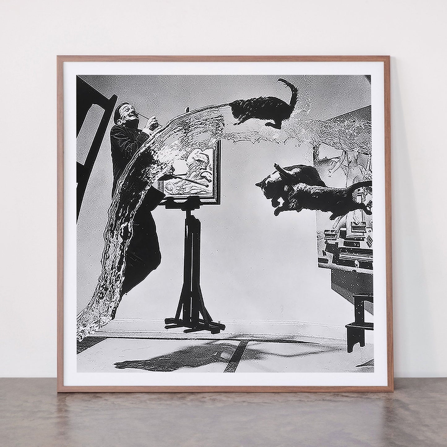 Dalí Atomicus, Salvador Dali painting with flying cats and water spurts surrealism / surrealist black and white photograph / photography by Philippe Halsman Framed Art Print Gallery Image 21