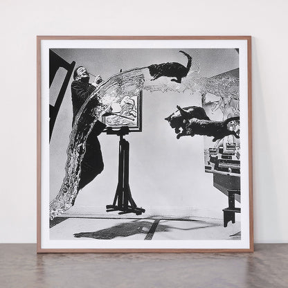 Dalí Atomicus, Salvador Dali painting with flying cats and water spurts surrealism / surrealist black and white photograph / photography by Philippe Halsman Framed Art Print Gallery Image 21