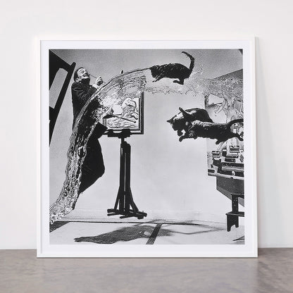 Dalí Atomicus, Salvador Dali painting with flying cats and water spurts surrealism / surrealist black and white photograph / photography by Philippe Halsman Framed Art Print Gallery Image 43