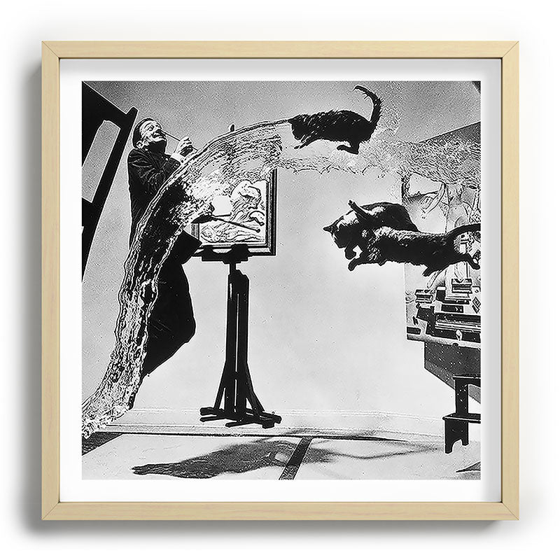 Dalí Atomicus, Salvador Dali painting with flying cats and water spurts surrealism / surrealist black and white photograph / photography by Philippe Halsman Framed Art Print Gallery Image 109