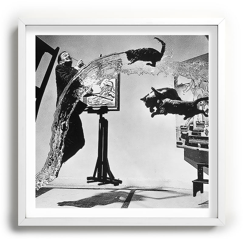 Dalí Atomicus, Salvador Dali painting with flying cats and water spurts surrealism / surrealist black and white photograph / photography by Philippe Halsman Framed Art Print Gallery Image 118