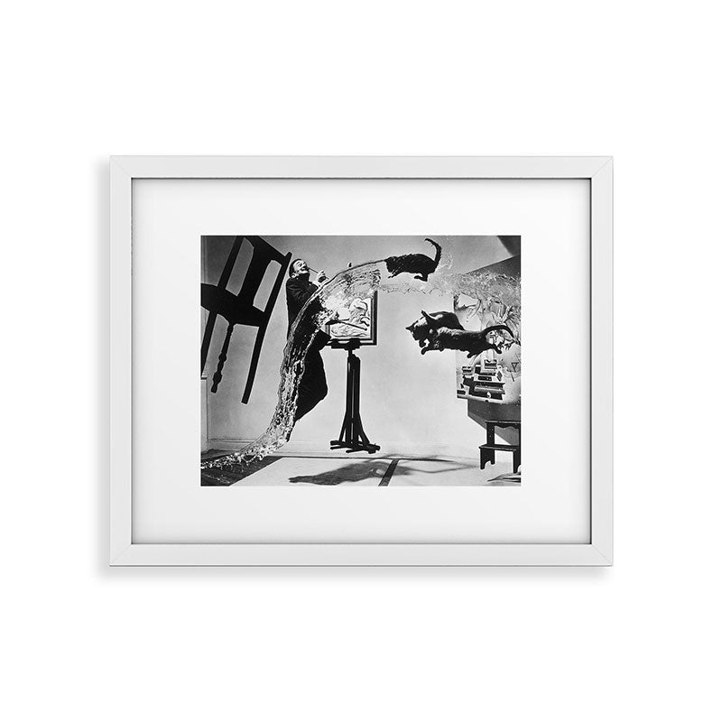 Dalí Atomicus, Salvador Dali painting with flying cats and water spurts surrealism / surrealist black and white photograph / photography by Philippe Halsman Framed Art Print Gallery Image 30