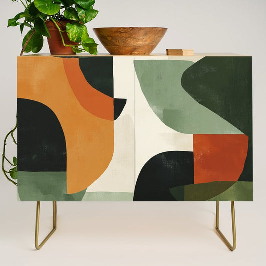 Earthy Mid-Century Abstract Composition in Olive, Rust, and Charcoal Tones Credenza Gallery Image 1