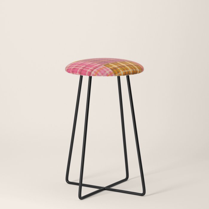 Gingham Patchwork Retro Plaid Check Pattern Pink Orange Moss Stool Gallery Image 3