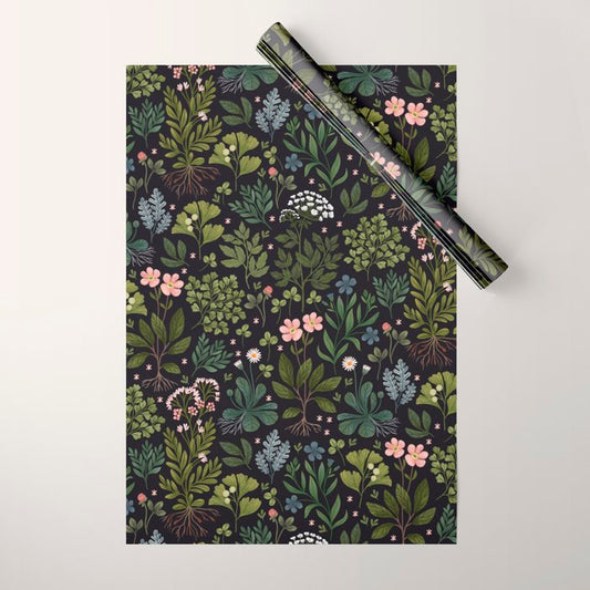 Herbarium ~ vintage inspired botanical art print ~ black Wrapping Paper Gallery Image 1