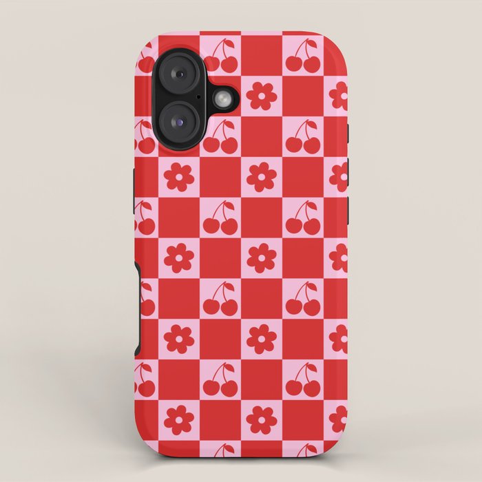 Cherry Flowers Pink & Red Checker iPhone Case Gallery Image 1