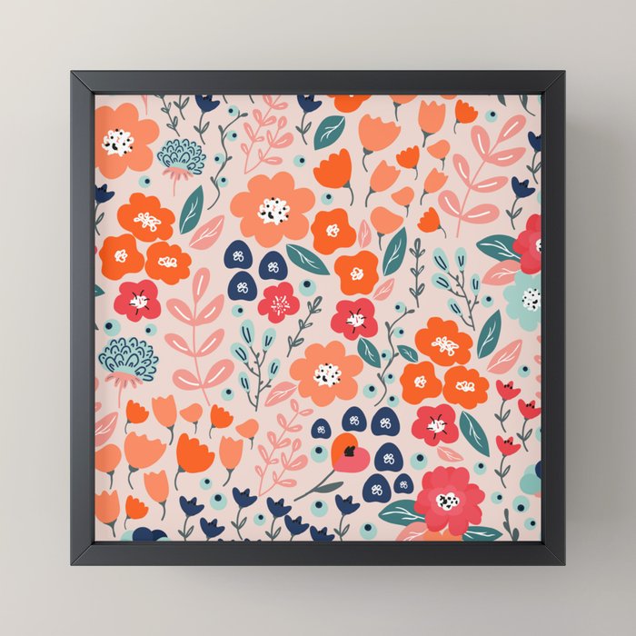 Ditsy Florals, Pink, Orange, Teal, Navy Mini Art Print Gallery Image 3