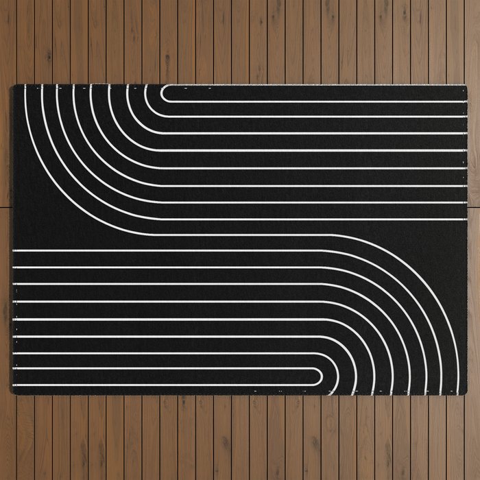 Minimal Line Curvature II Black and White Mid Century Modern Arch Abstract Outdoor Rug Gallery Image 3