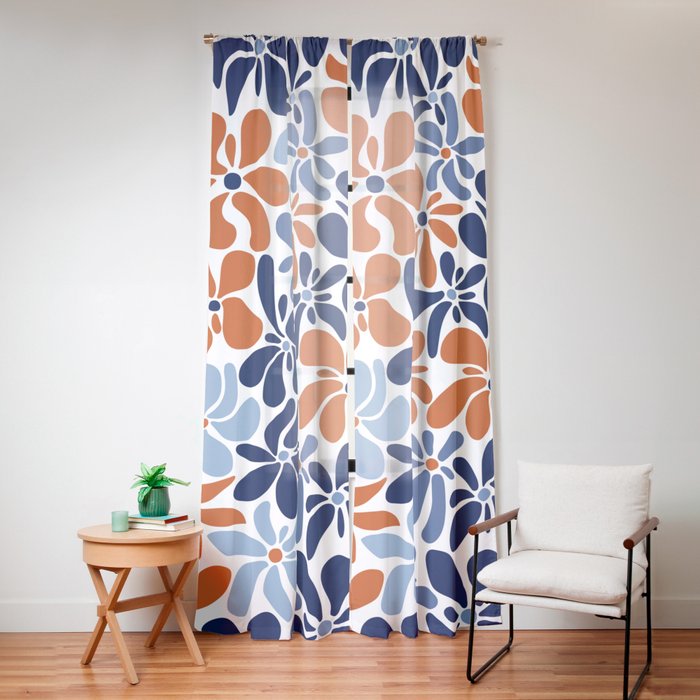 Abstract Flowers, Orange, Blue and White Window Curtain Gallery Image 16