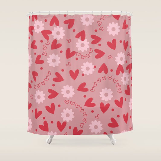Hearts and Flowers on Tea Rose Pink Shower Curtain Gallery Image 1