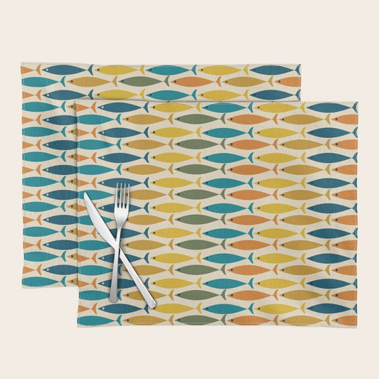 Mid-Century Modern Fish Stripes in Moroccan Teal, Green, Orange, Mustard, and Cream Placemat Gallery Image 1