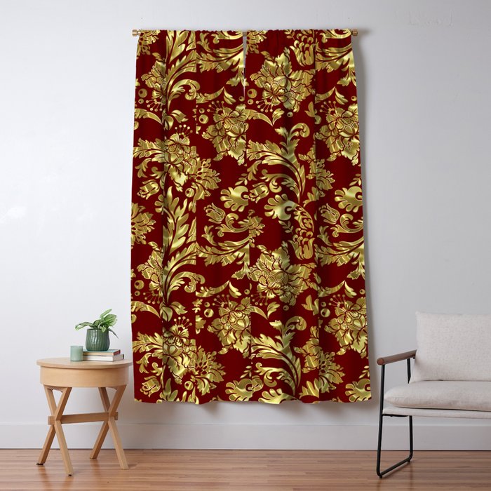 Red & Gold Floral Damasks Pattern Window Curtain Gallery Image 5