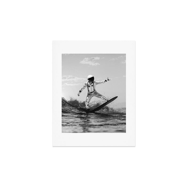 Space Surfer - Black And White - Futuristic Surf Photo Art Print - Astronaut Riding a Wave Art Print Gallery Image 3