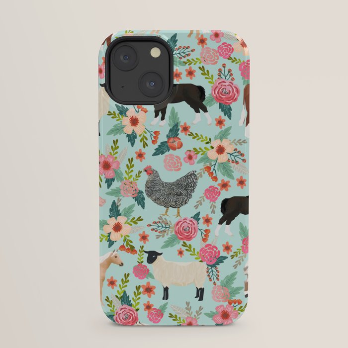 Farm animal sanctuary pig chicken cows horses sheep floral pattern gifts iPhone Case Gallery Image 21