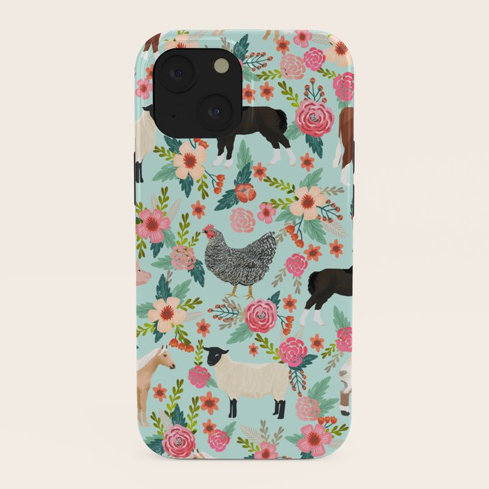 Farm animal sanctuary pig chicken cows horses sheep floral pattern gifts iPhone Case Gallery Image 38