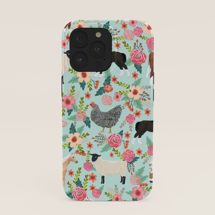 Farm animal sanctuary pig chicken cows horses sheep floral pattern gifts iPhone Case Gallery Image 39
